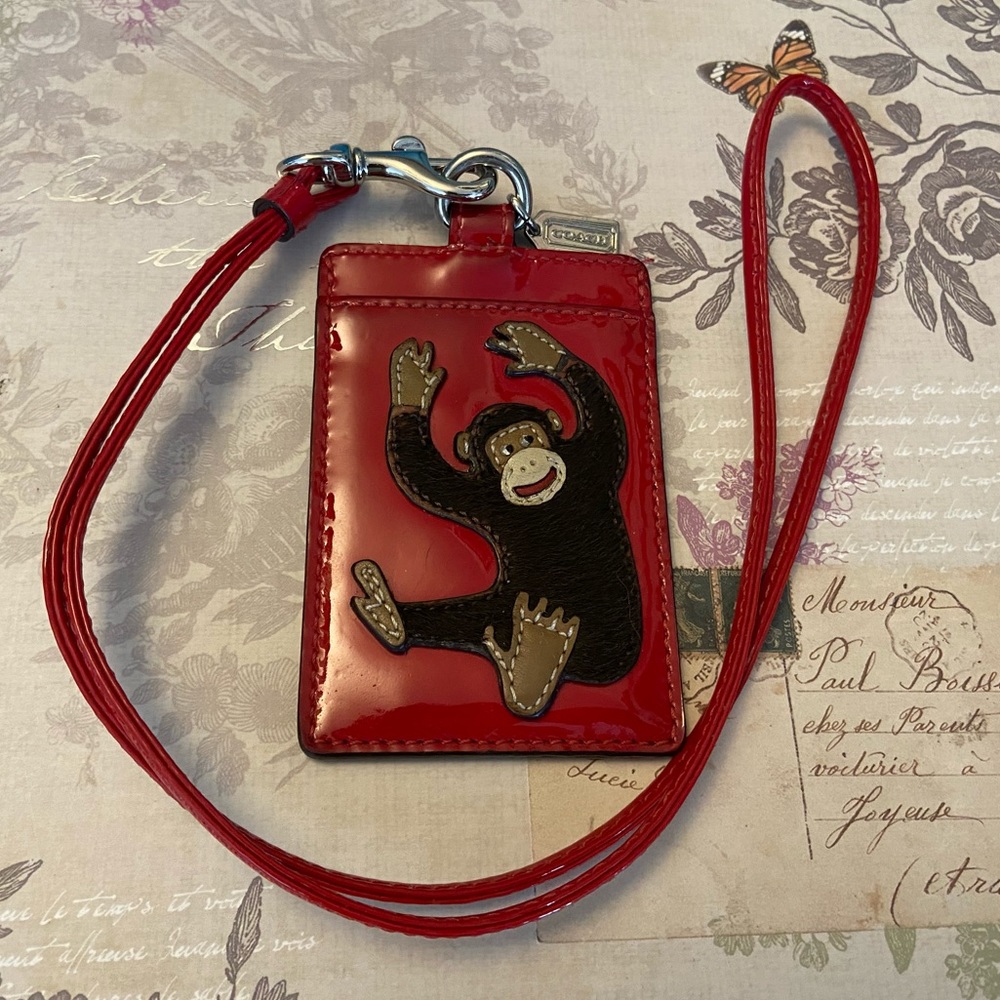 Coach Red Patent Leather Monkey Lanyard Card Holder